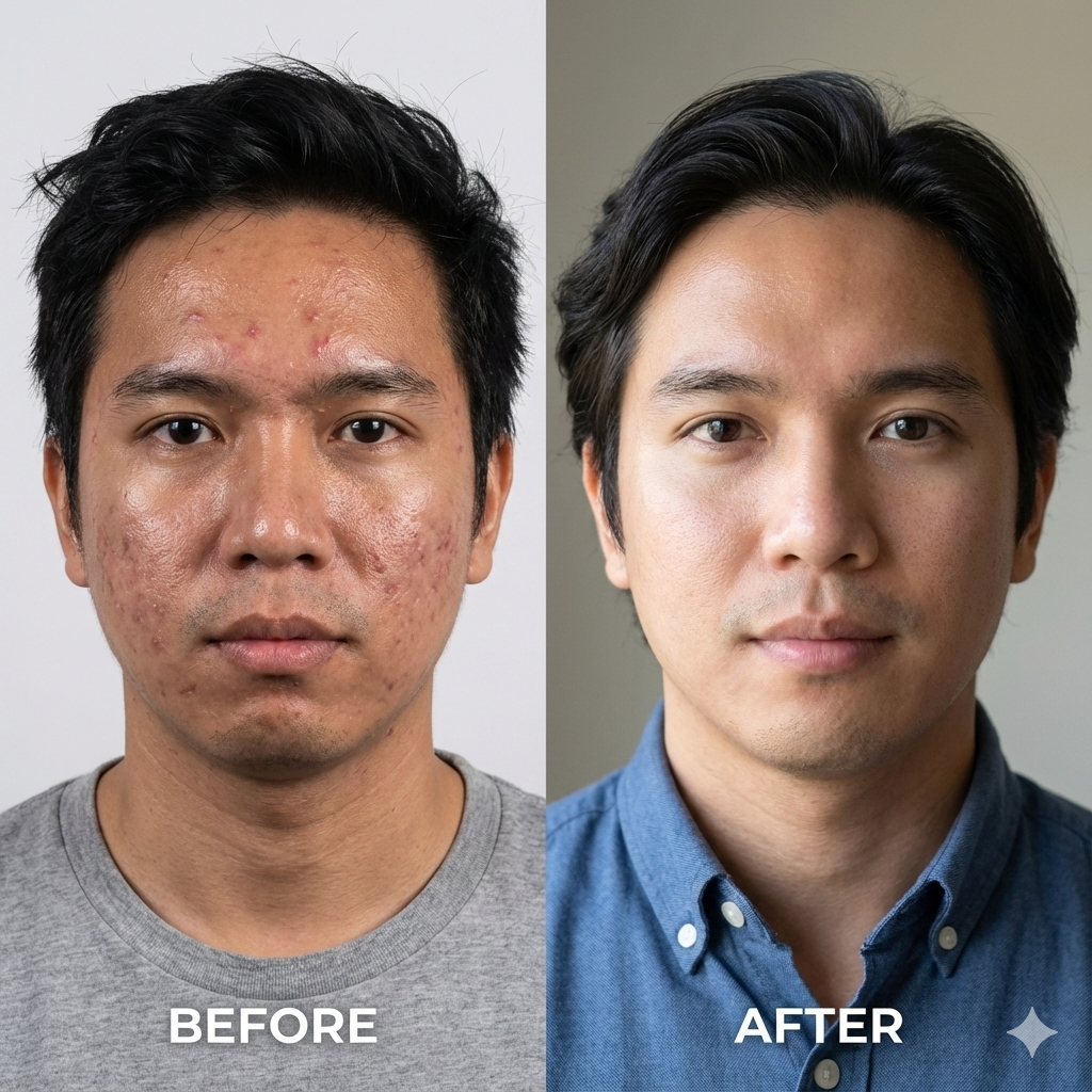 Man's skin transformation showing clear skin and reduced acne