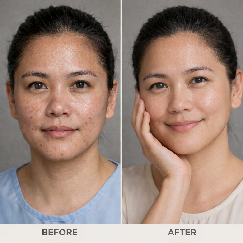 Woman's before and after results with radiant, even skin tone